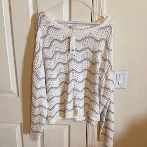 Francesca's Collections Cream Open-Knit Sweater with Lavender & Mint Stripes NWT